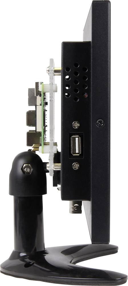 Boční pohled na monitor umístěný na stojanu. Viditelné jsou přípojky a USB port.