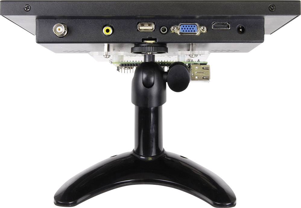 Zadní strana monitoru s různými konektory: koaxiální, USB, audio, VGA a HDMI. Monitor stojí na podstavci.