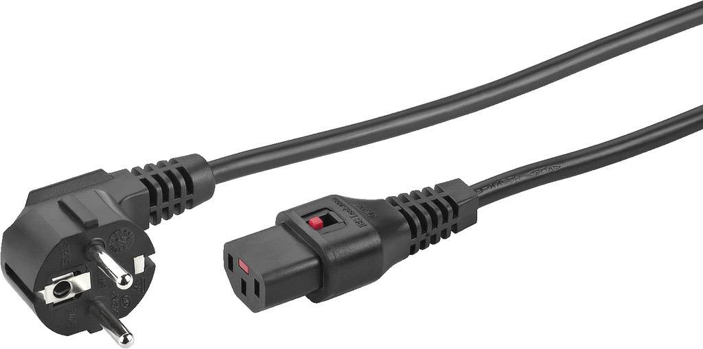 Černý síťový kabel s eurokonektorem na jednom konci a zásuvkovým konektorem na druhém konci, vhodný pro elektronická zařízení.