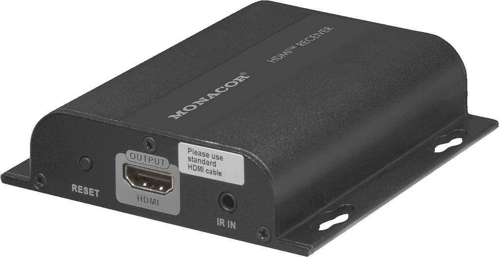 HDMI konvertor v černém pouzdře s konektory pro HDMI výstup a IR vstup, včetně resetovacího tlačítka.