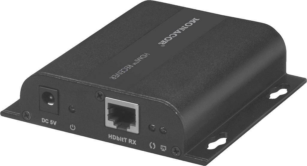Černý HDMI přijímač s konektory pro DC 5V a HDMI vstup. Zařízení má upevňovací otvory po stranách.