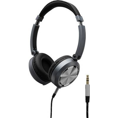 Šedá over-ear sluchátka s černým hlavovým pásmem a kabelem. Mají polstrované náušníky a 3,5mm jack konektor.