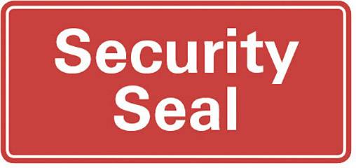 Červený štít s bílým textem 'Security Seal'.