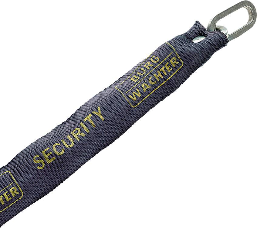 Černý bezpečnostní pásek s žlutým textem "Burg Wächter Security" a kovovým klipem na konci.