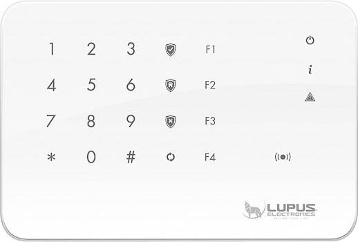 Bílý ovládací panel zabezpečovacího systému s numerickou klávesnicí s čísly 1-9, funkčními tlačítky F1-F4 a logem společnosti Lupus Electronics v pravém dolním rohu.