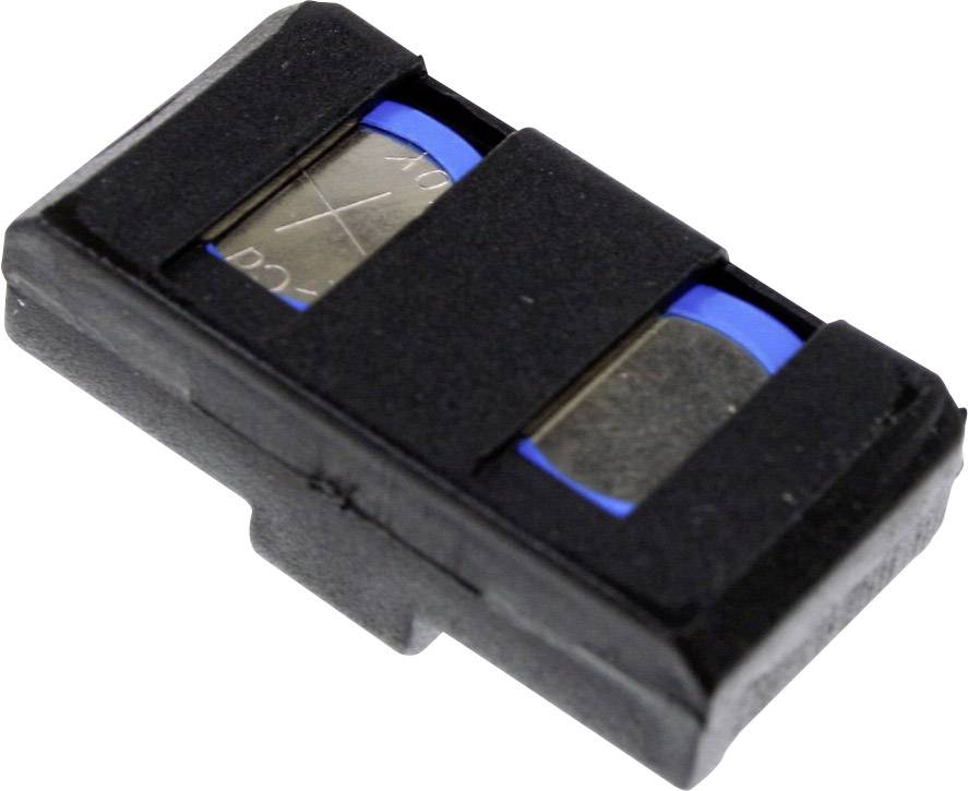 Černá obdélníková elektronická součástka se dvěma kovovými kontaktními plochami, pravděpodobně pojistkový prvek.