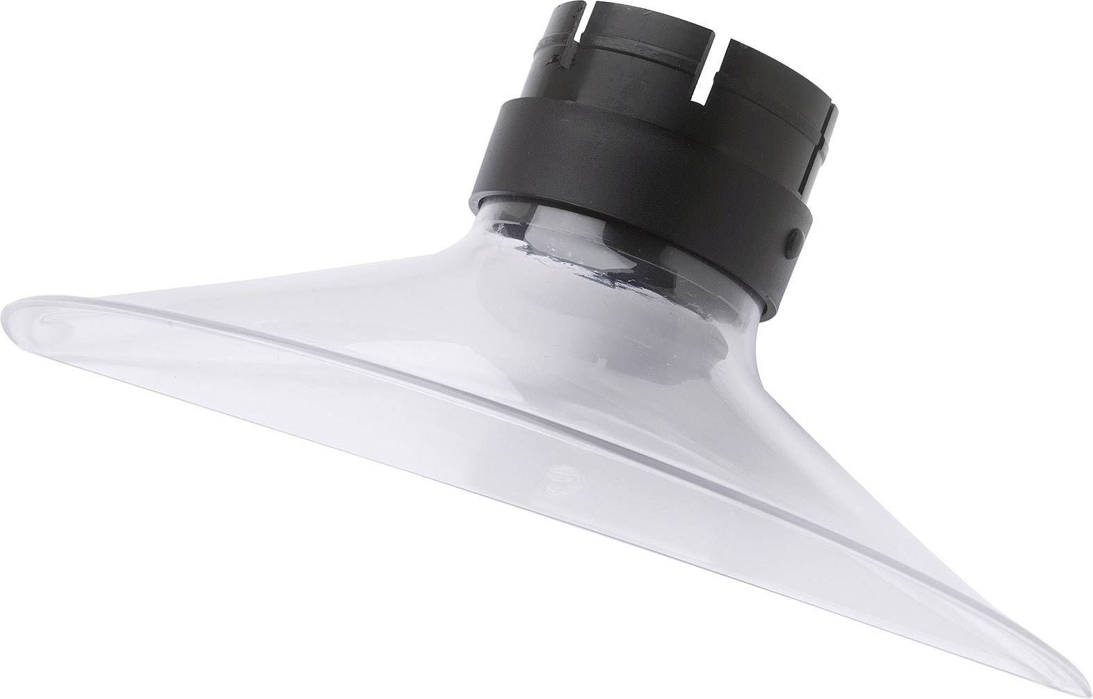 Stínidlo lampy z čirého plastu s černým držákem, kónického tvaru. Vhodné pro moderní světelné instalace v interiéru.