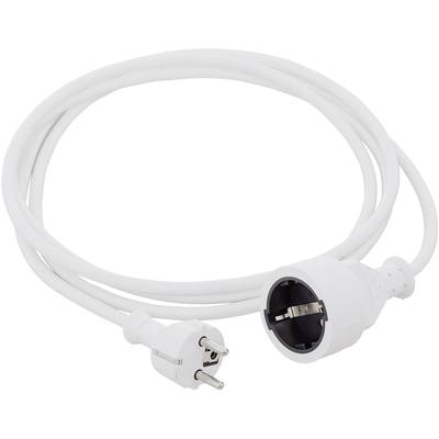 Bílý prodlužovací kabel se dvěma zástrčkami. Vhodný pro připojení zařízení za účelem rozšíření dosahu elektrického napájení.