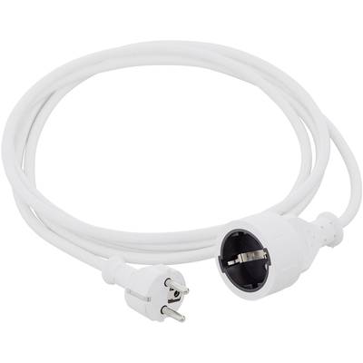 Bílý prodlužovací kabel se zásuvkou a zástrčkou, vhodný pro připojení k evropským elektrickým zásuvkám.