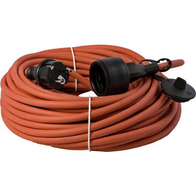 Namotaný červený prodlužovací kabel s černou zástrčkou a zásuvkou, vhodný pro elektrické připojení v interiéru i exteriéru.