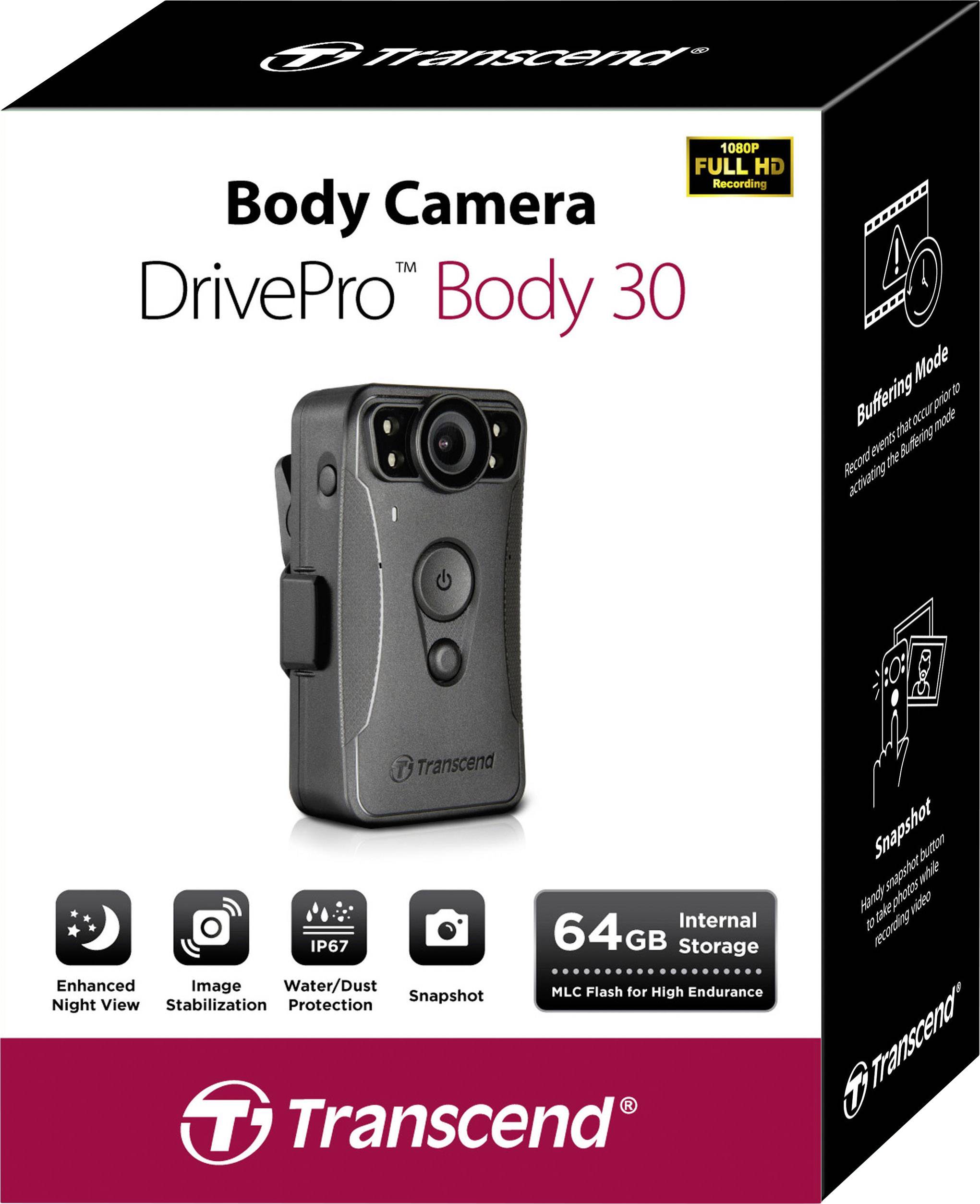 Obal kamery Transcend Body Camera DrivePro Body 30 zobrazuje kameru s nočním viděním, stabilizací obrazu a krytím IP67, s 64GB pamětí.