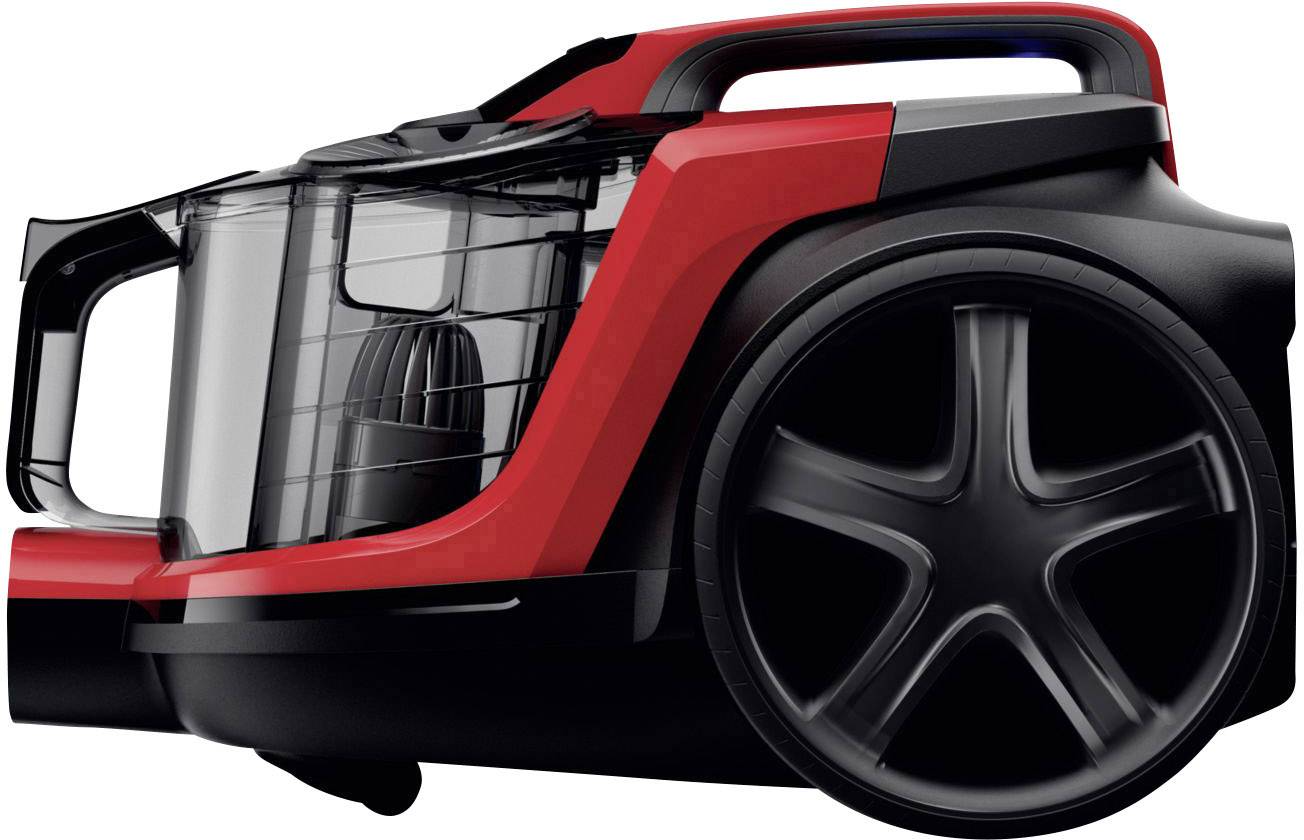 Červený a černý bezvrstvový vysavač na bílém pozadí. Má velká kola a průhlednou nádobu.