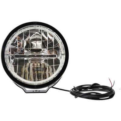 Kulatý LED reflektor s černým okrajem, průhledným krytem a připojovacím kabelem na bílém pozadí.