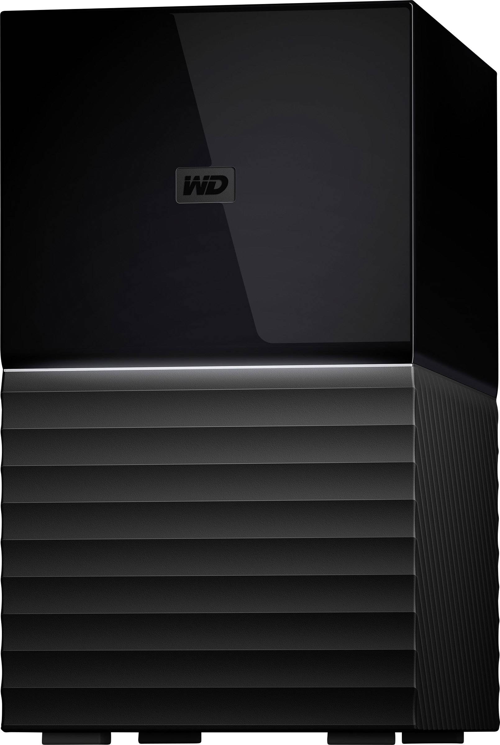 Externí pevný disk s lesklým povrchem a výrazným designem. Logo značky viditelné na přední straně.
