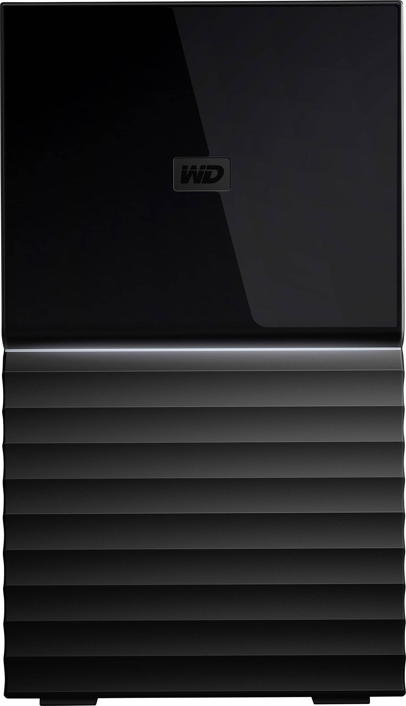 Externí černý pevný disk s vlnitým krytem a logem 'WD' v horní polovině.