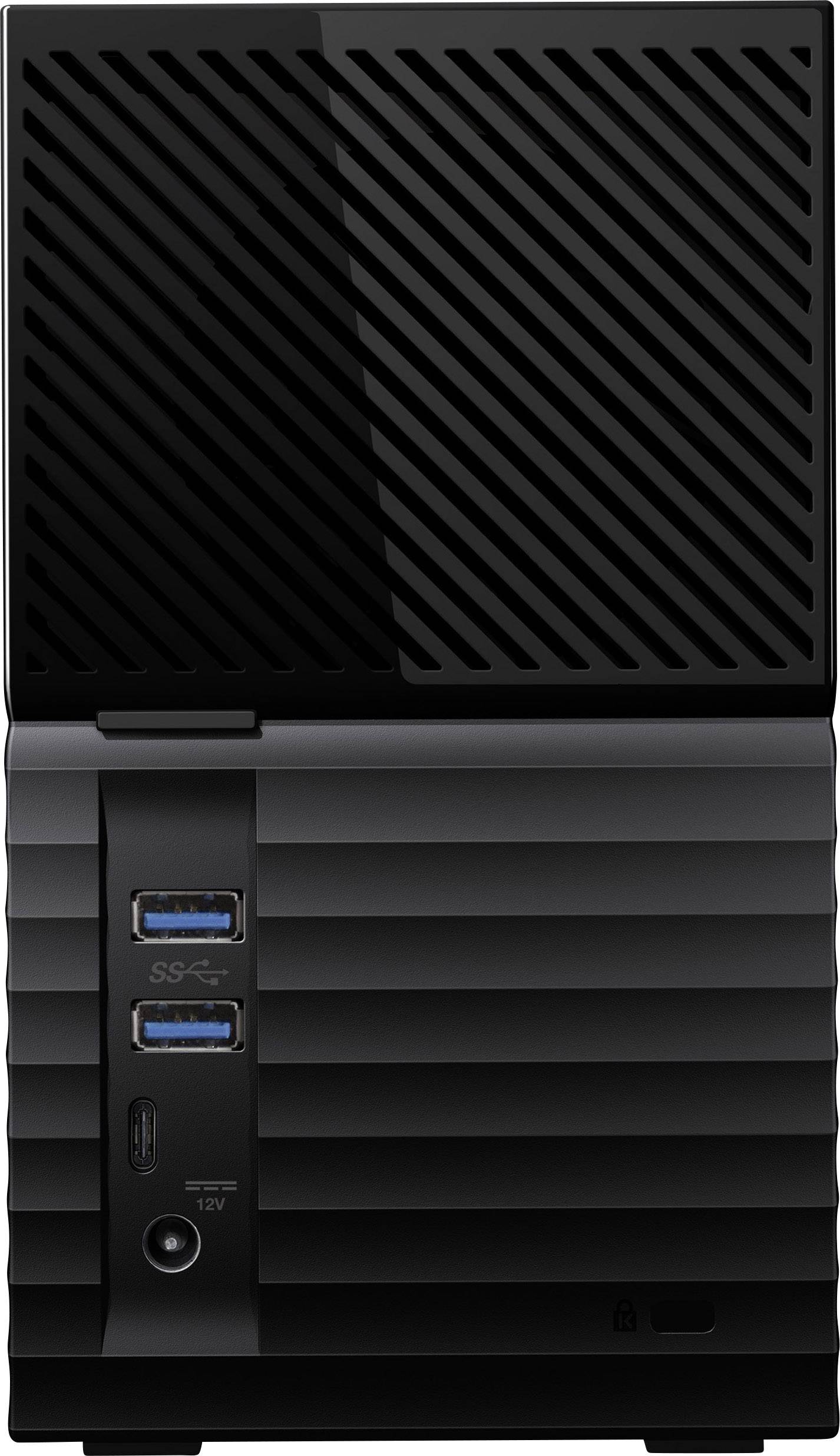 Černý externí pevný disk s horizontálními linkami, USB porty a napájecím konektorem na přední straně.