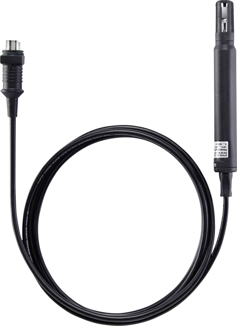 Černý kabel s válcovým senzorem na jednom konci a konektorem na konci druhém, používaný pro elektronická měření.