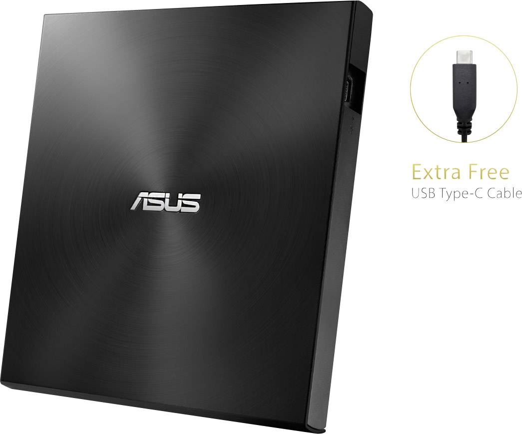 Externí vypalovačka CD/DVD Asus v černé barvě, dodávaná s dodatečným USB-C kabelem.