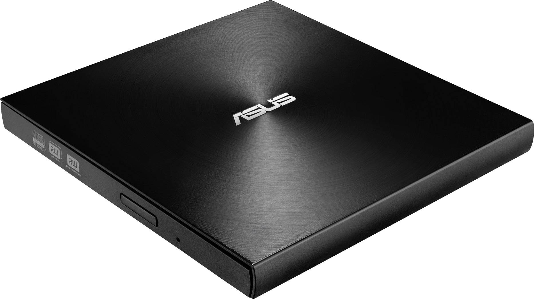Černá externí DVD mechanika Asus v elegantním, čtvercovém designu. Název značky 'Asus' uprostřed horní plochy.