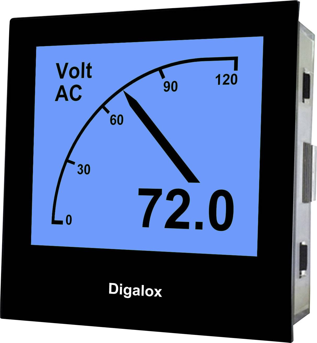 Digitální voltmetr s modrým displejem zobrazuje 'Volt AC' a numericky '72,0'. Stupnice od 0 do 120 s ukazatelem na hodnotě 72.