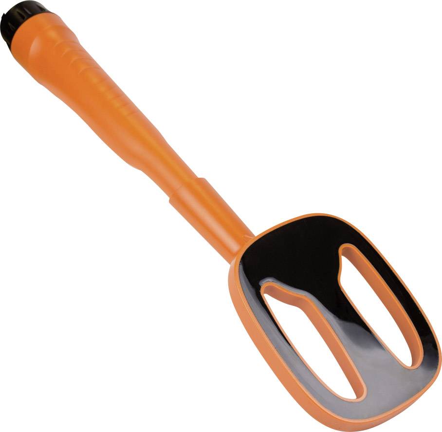 Oranžová plastová rukojeť s plochou, oválnou hlavou. Pravděpodobně kuchyňský nástroj nebo čisticí pomůcka.