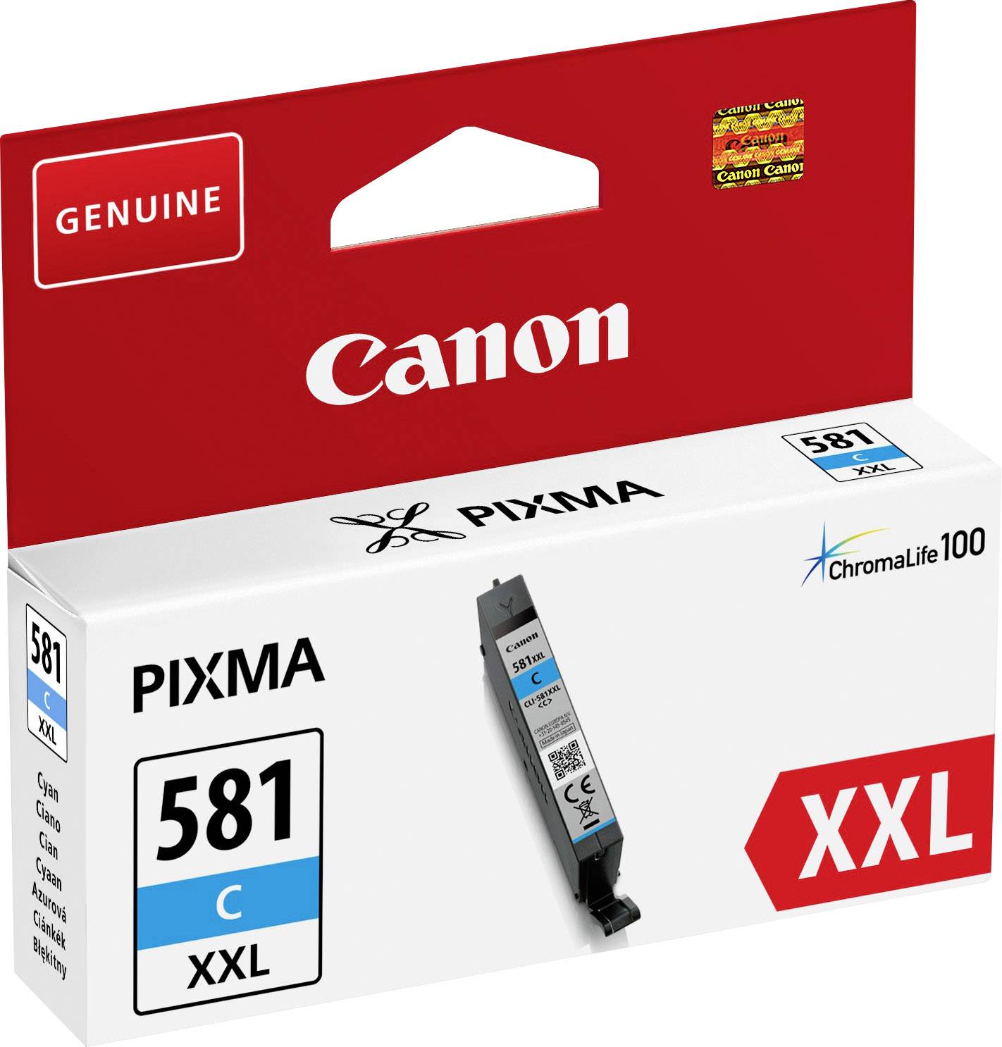 Inkoustová cartridge Canon Model 'Pixma 581 C XXL' v originálním balení, vhodná pro barevný tisk, zvýrazněná modře a červeně.