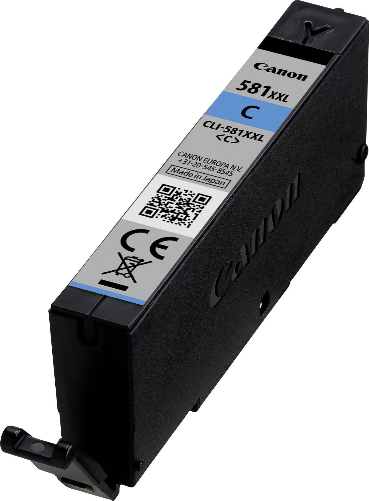 Inkoustová kazeta označená 'Canon 581XXL C', modře zbarvená pro azurovou, s označením CE a QR kódem.