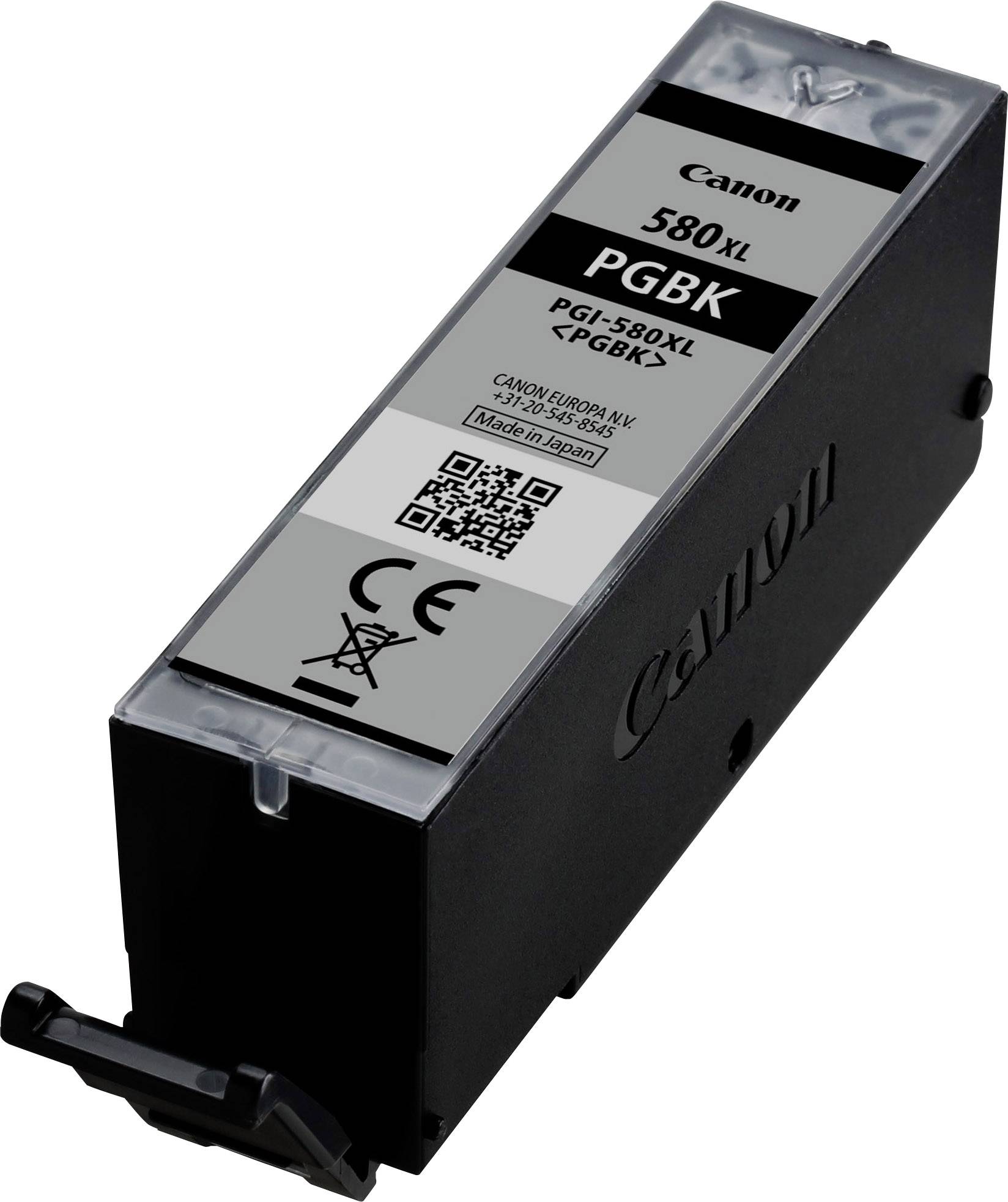 Tisková cartridge 'PGI-580 XL PGBk' pro tiskárny Canon, černý inkoust, obdélníkový tvar, QR kód na štítku.