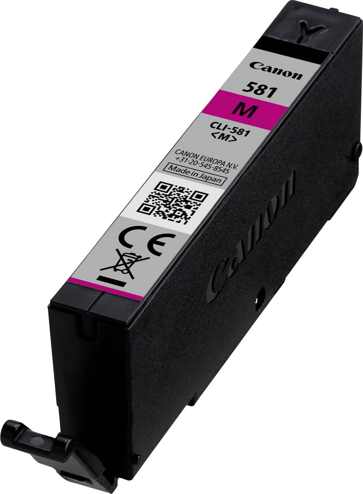 Inkoustová cartridge 'Canon 581 M', barva Magenta, s QR kódem a symbolem recyklovatelnosti. Vyrobeno v Japonsku, číslo modelu CLI-581.