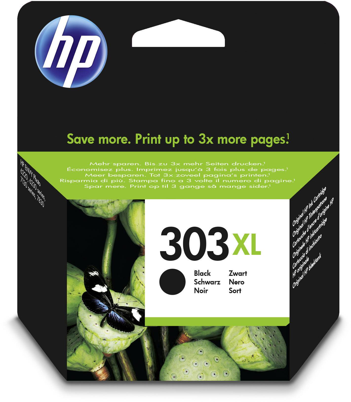 Inkoustová cartridge HP 303XL v černé barvě, na obalu text 'Až 3x více vytištěných stránek'. Obrázek zelených plodů s motýlem.