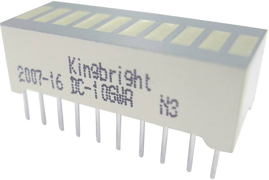 Obdélníkový elektronický prvek s několika kontaktními vývody. Potisk: 'Kingbright', '2007-i6', 'DC-10GW'.