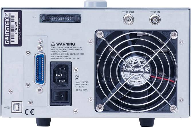 Tento obrázek zobrazuje zadní stranu elektronického zařízení s ventilátorem, síťovou zásuvkou a různými přípojkami.