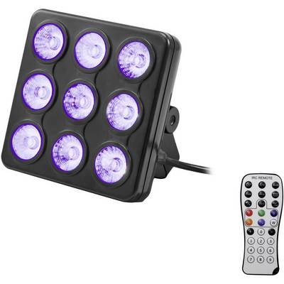 Černý LED světelný panel s devíti fialovými světly, vedle kterého leží dálkový ovladač s barevnými tlačítky pro ovládání světelných módů.