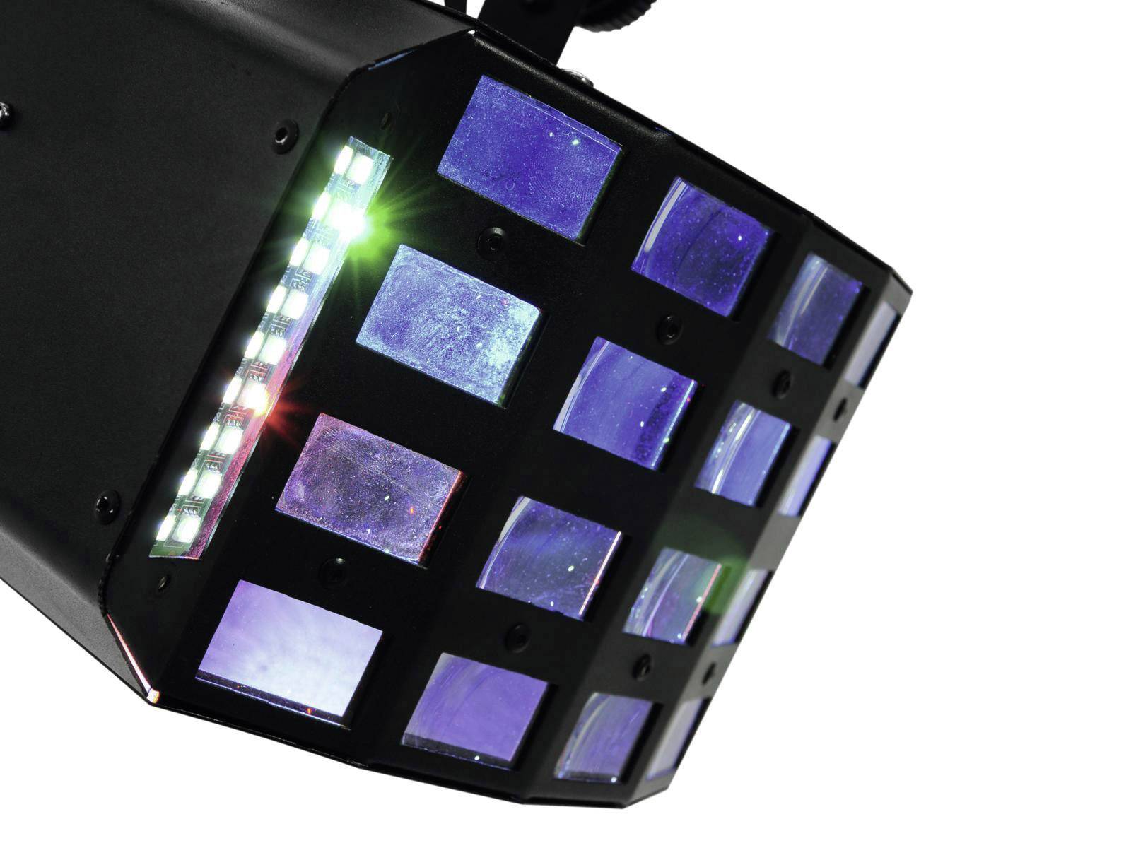 Černé zařízení pro světelné efekty s modrými a červenými světelnými čtverci a řadou bílých LED světel po straně.