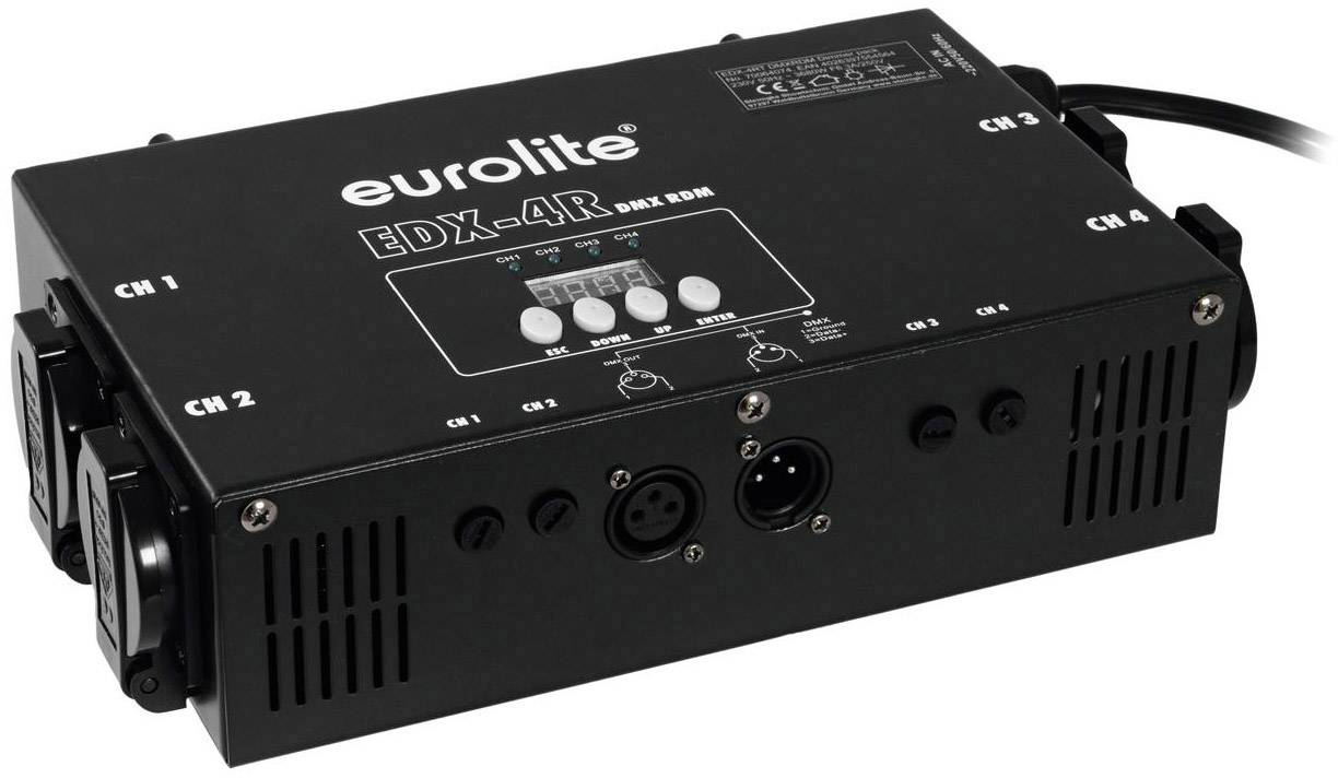 'Eurolite EDX-4R DMX RDM' světelný ovladač se čtyřmi kanály, konektory a ovládacími tlačítky na horní straně.