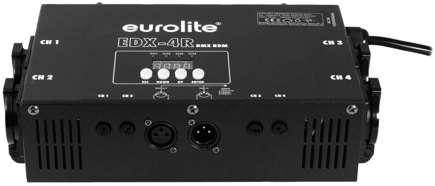 Černě lakovaný Eurolite EDX-4R DMX switchpack se čtyřmi kanály (CH 1-4) a ovládacími prvky uprostřed.