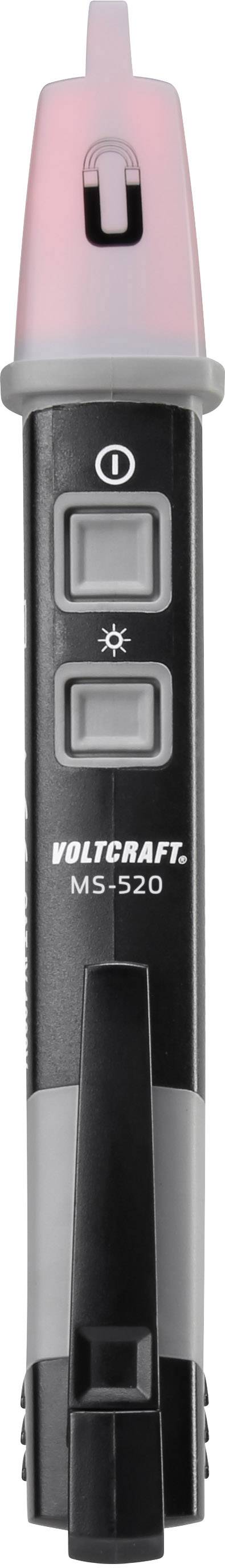 Zkoušečka napětí ve tvaru tužky od značky Voltcraft, model MS-520, s vypínačem a indikačním symbolem, vhodná pro měření napětí.