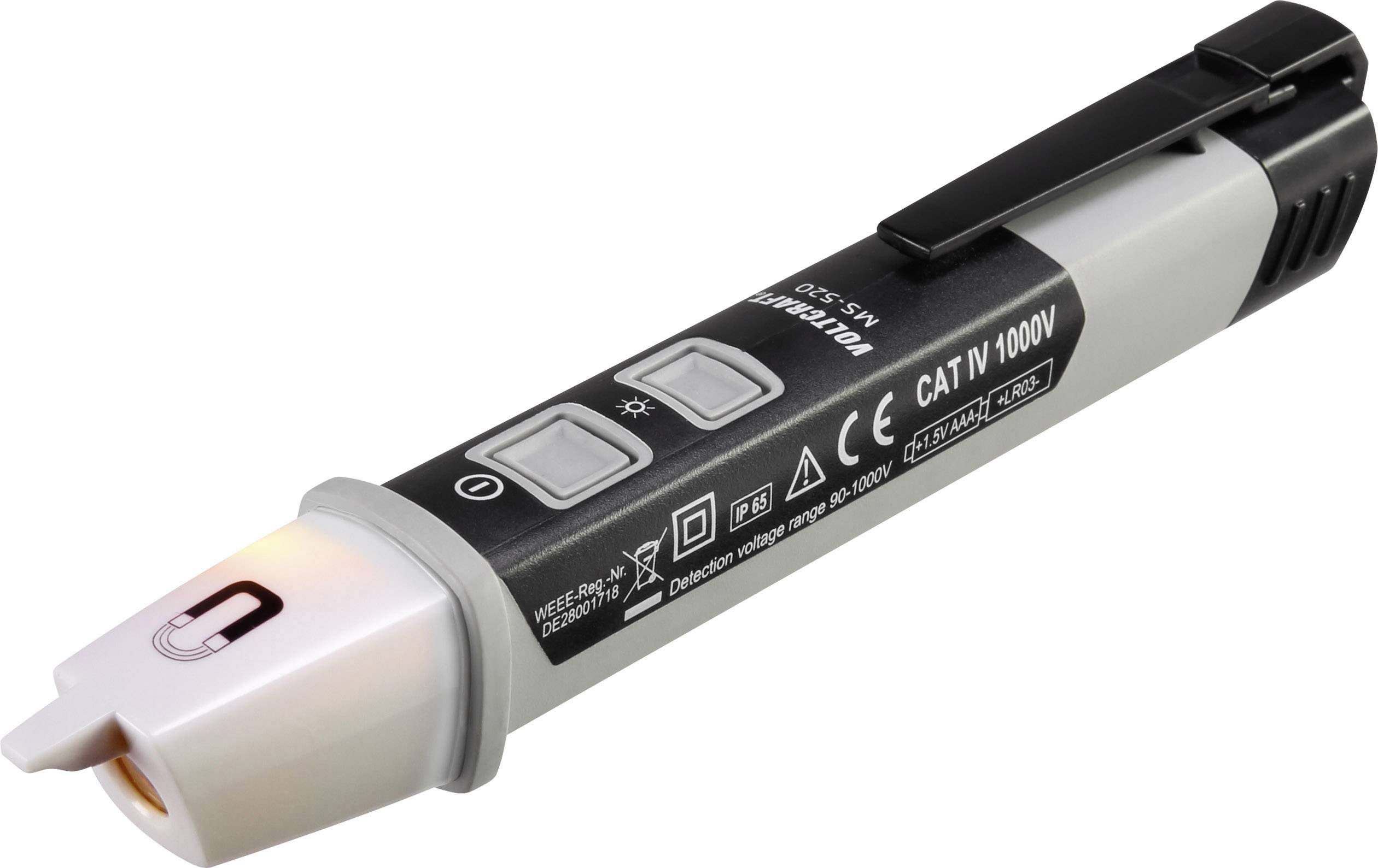 Bezkontaktní zkoušečka napětí vhodná pro napětí až do 1000V, vybavená klipem a LED svítilnou, určená pro bezpečné měření napětí.