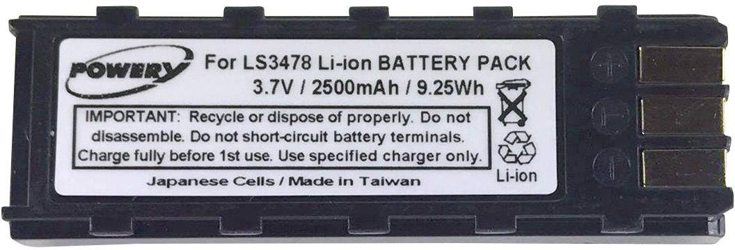 Štítek baterie s textem: 'Pro LS3478 Li-ion bateriový pack, 3,7V / 2500mAh / 9,25Wh. Důležité upozornění: Řádně recyklovat, nerozebírat.'
