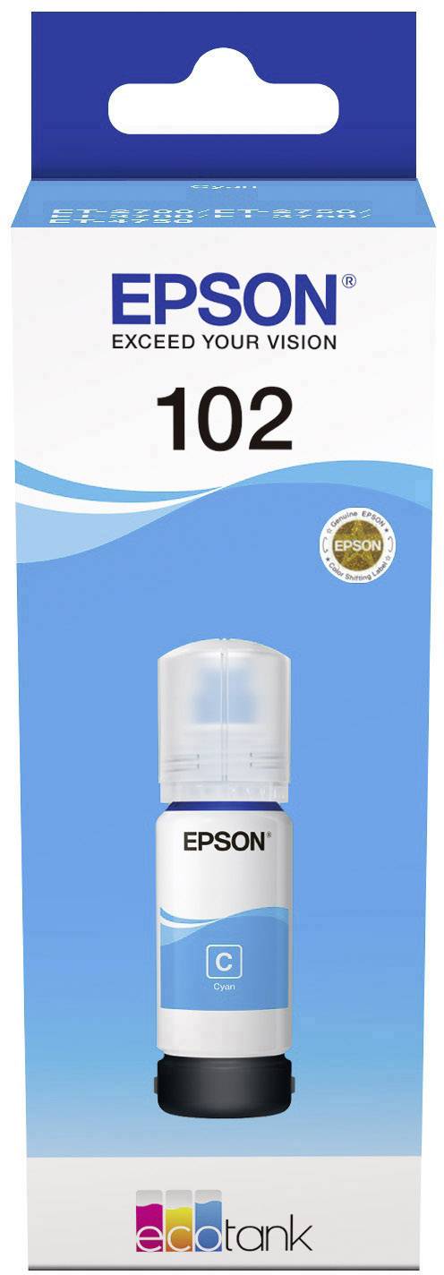 Obal pro inkoustovou lahvičku Epson 102, azurová, s logem Ecotank a sloganem ‚Překonejte svou vizi'.