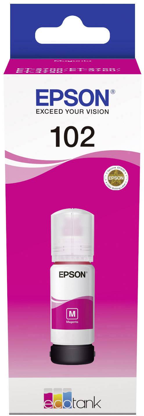 Epson 102 inkoustová láhev, barva purpurová, pro tiskárny EcoTank, balení zobrazuje design lahve s logem Epson.