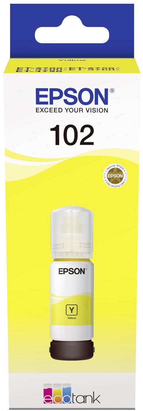 Inkoustová lahvička Epson 102, žlutá, pro tiskárny EcoTank. Obal zobrazuje inkoustovou lahvičku s uzávěrem.