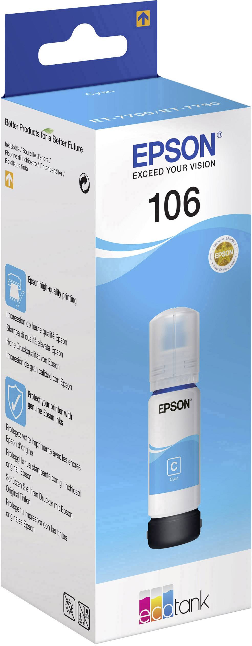 Inkoustová láhev Epson 106 Cyan v balení, vhodná pro tiskárny EcoTank, určená pro vysoce kvalitní tisk fotografií a dokumentů.