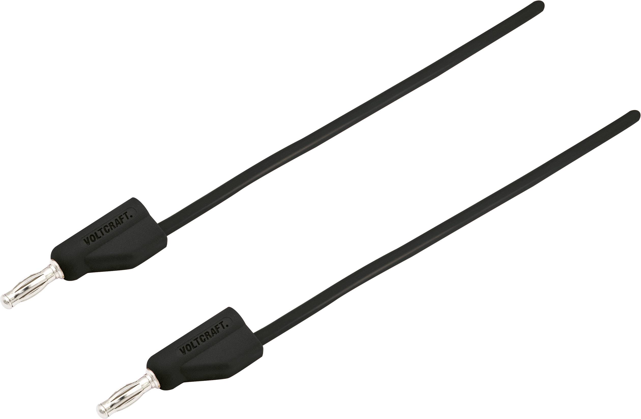 Dva černé banánové konektory s dlouhými kabely, které se používají pro elektrické připojení.