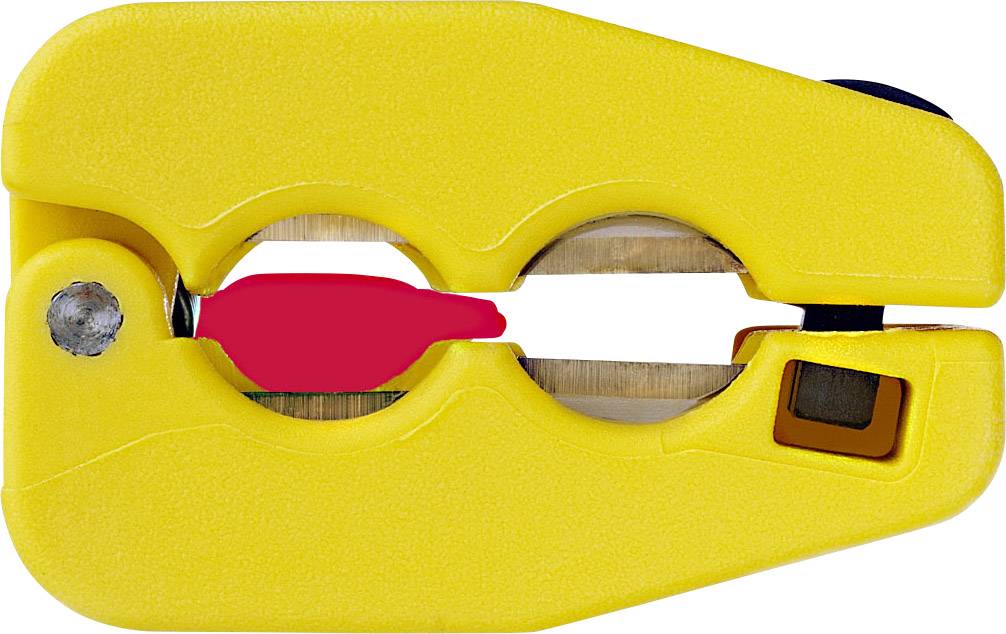 Žluté odhrotovací nástroje pro odstraňování otřepů z plastových trubek, vybavené dvěma řeznými čepelemi a červenou rukojetí.