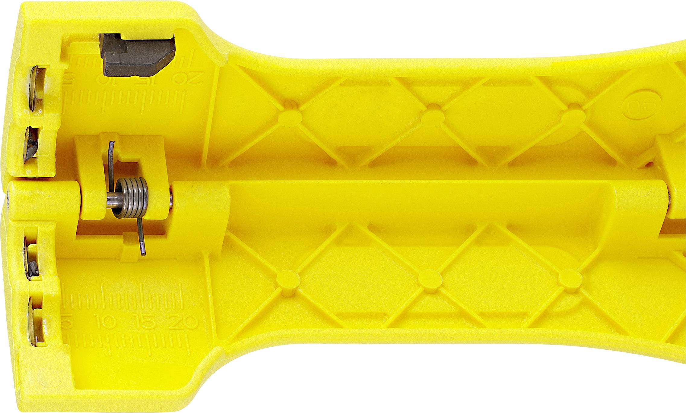 Žlutý díl nástroje s pružinovým mechanismem a indikátorem rozměrů, pravděpodobně součást většího zařízení nebo nástroje.