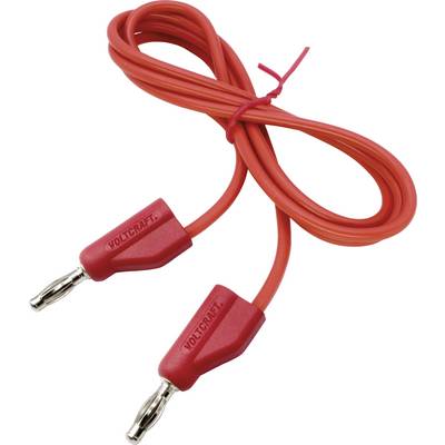Červený propojovací kabel se dvěma červenými banánkovými konektory na koncích. Kabel je svinut a zajištěn stahovací páskou.