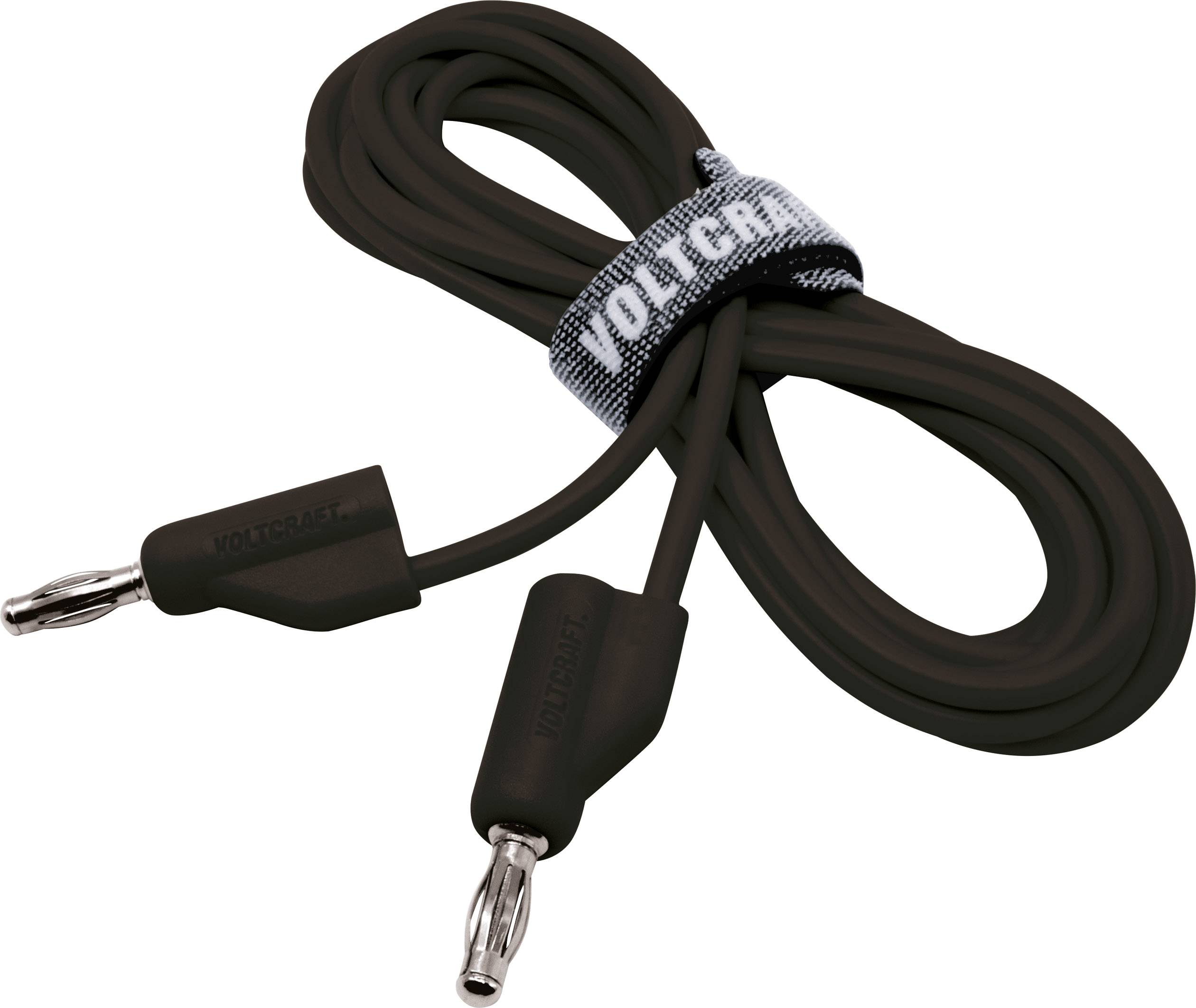 Černý kabel banánkových konektorů se suchým zipem, který drží kabely pohromadě. Název značky 'Voltcraft' je viditelný na suchém zipu.
