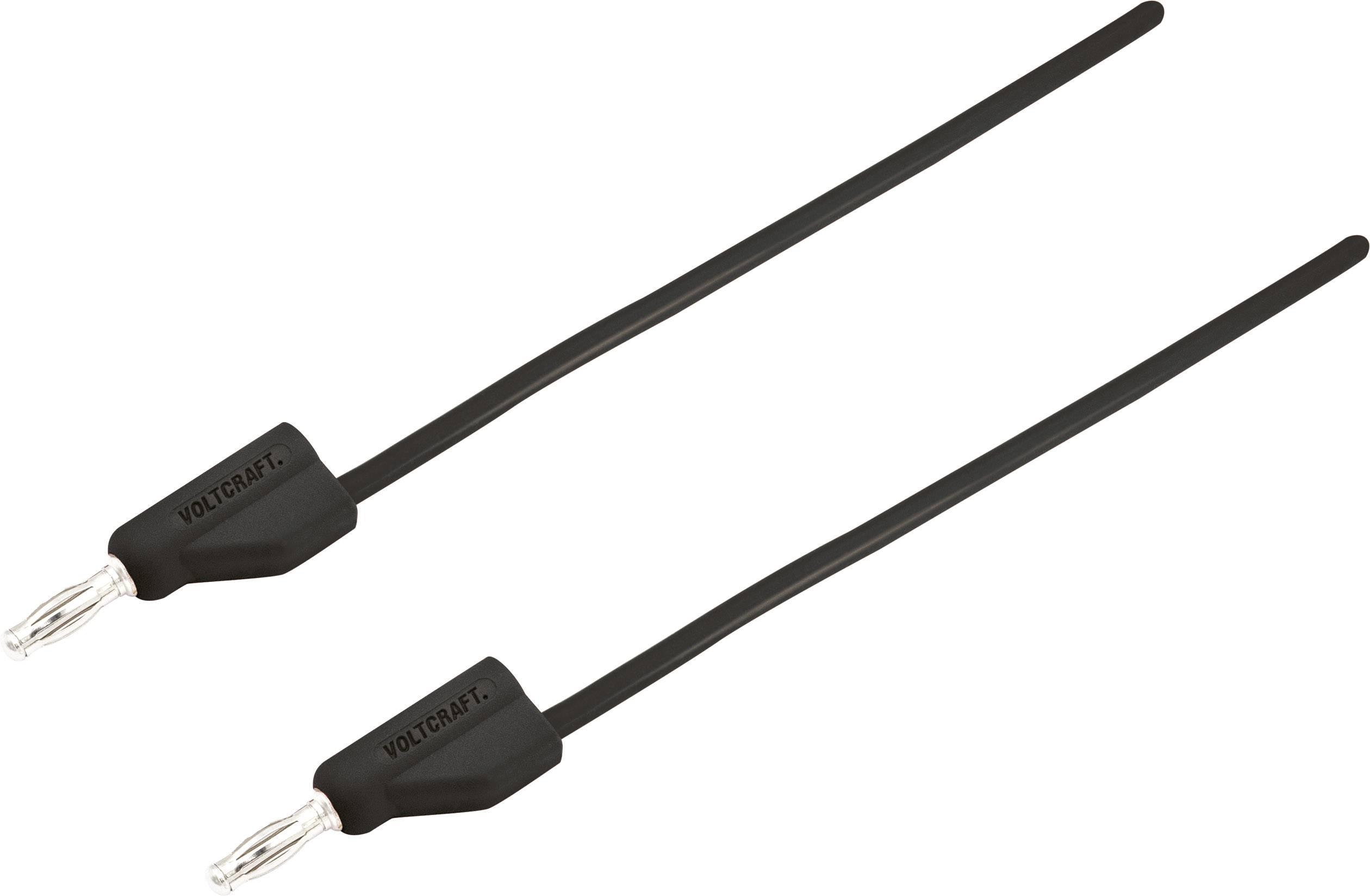 Dva černé banánové konektory značky VOLTCRAFT s dlouhými kabely pro elektrické připojení.