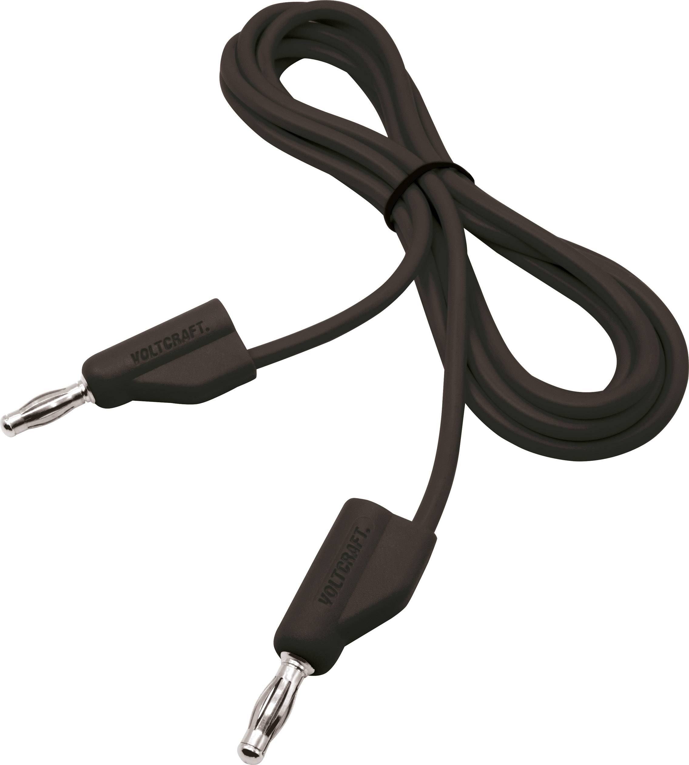 Černý propojovací kabel se dvěma banánkovými konektory na koncích, vhodný pro elektrické měřicí přístroje.